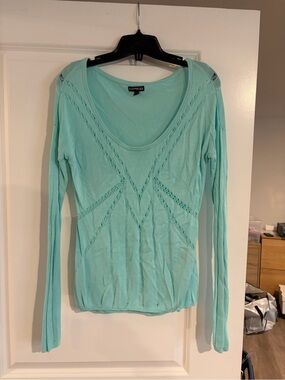 Express Light Aqua Openwork Scoop Neck Long Sleeve Top